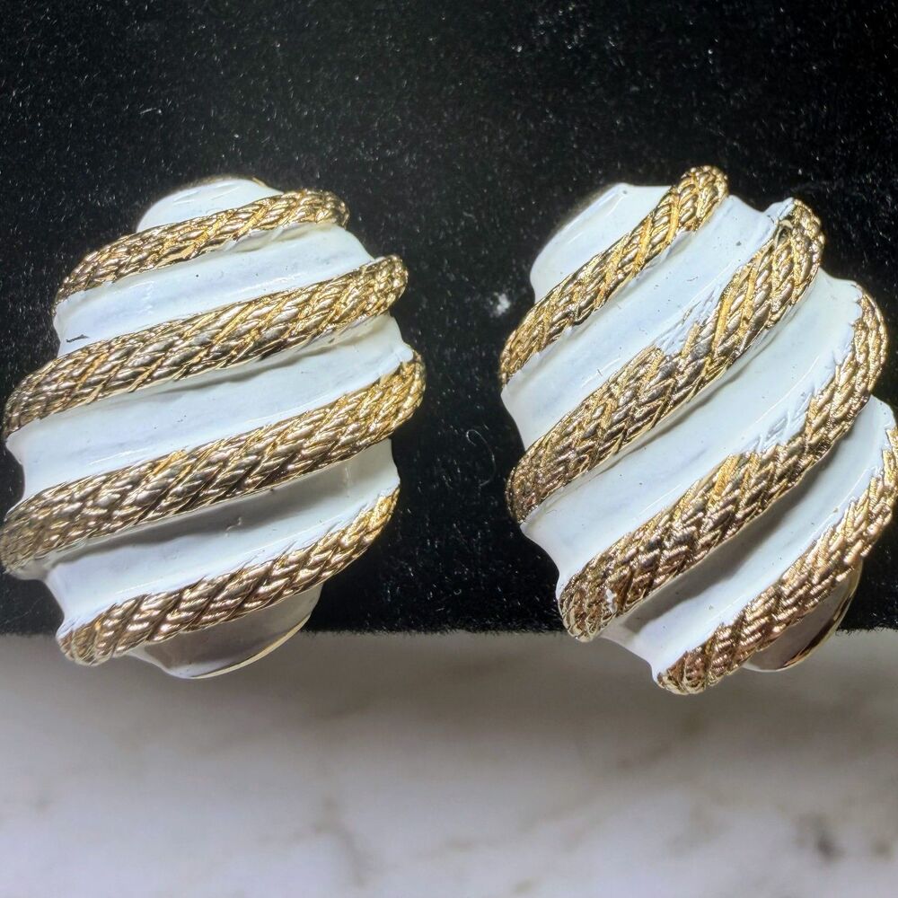 Marvella Signed Clip Earrings, White Enamel Gold Rope Swirl Vintage